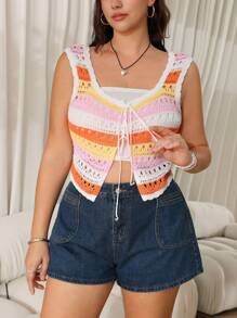 SHEIN EZwear Blusa de punto de talla grande con rayas de colores, para playa y verano - Naranja Coral - Ver 5