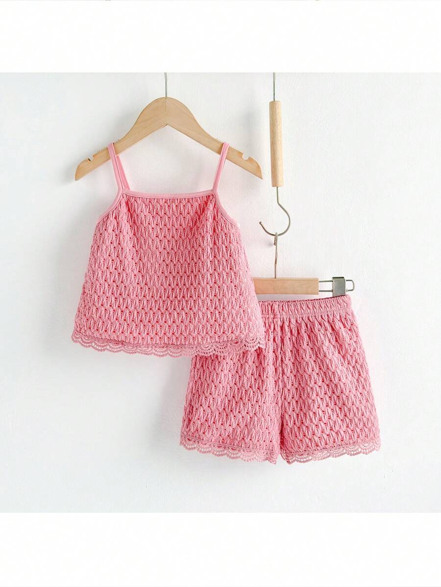 Loomiva 2pcs/Set Young Girls Loose Knit Camisole And Elastic Waist Shorts Set, Casual College Style, Spring/Summer - Pink - View 1