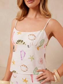 L'Amorae 女士贝壳亚麻海滩印花吊带背心露背上衣波西米亚风夏季度假套装 - 彩色 - 查看 2