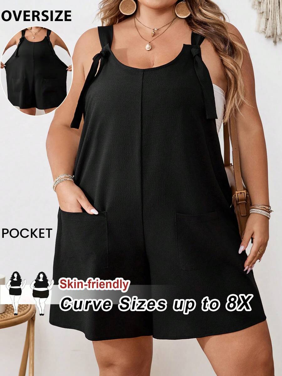 SHEIN CURVE+ 大码女式无袖前袋系带装饰宽腿宽松连体裤（不含胸罩），夏季假日服装，女士度假服装 女士沙滩服装/沙滩裙/沙滩度假服装/沙滩必需品/毕业/茶会礼服 夏季/乡村/海滩度假服装/沙滩服装/沙滩装 - 黑色 - 查看 1