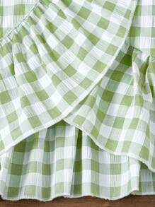 SHEIN Bộ áo ba lỗ bèo nhún không tay họa tiết gingham và quần short denim giản dị mùa hè cho bé gái - Nhiều màu - Xem 7