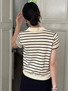 DAZY Blusa de punto de manga corta con cuello y rayas para mujer, atuendo de profesora - Albaricoque - Ver 3