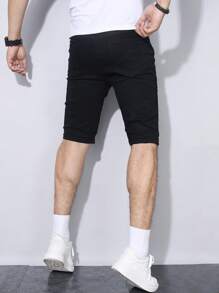 Manfinity Homme 男士夏季休闲纯色修身牛仔短裤 - 黑色 - 查看 2