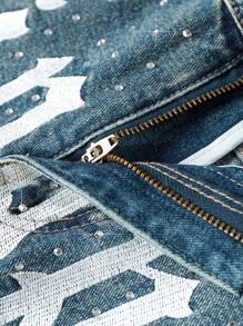 ROMWE MEN Street Life 男士时尚夏季闪亮钻石字母刺绣牛仔短裤