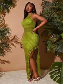 SHEIN SXY Plus Size Women's Spring&Summer Elegant Sexy Daily Basic Boho Colorful Crochet Wavy Pattern High Split Dress, Halter Backless Tassel Hem Vacation Dress,Summer Dresses For Women Green Mesh Maxi Dress Lime Green Maxi Dress Tassel Maxi Dress,Suitable For Everyday Wear,BOHO,Bohemian,Outing,Resort,Beach Vacation,Holiday,Seaside,Western Wear,Music Festival,Concert,Carnival Party,Richly Layered,Date Night,Ibiza,Nashville,Break,Modest,Chic,Club,Cute,Casul,Shopping, Streetwear,Going Out - Green - View 11