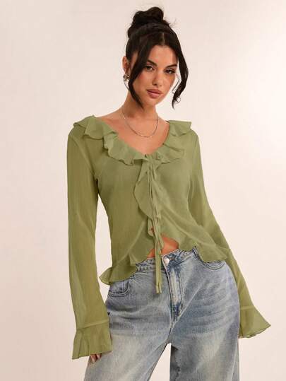 SHEIN BAE 女士优雅雪纺衬衫，荷叶边下摆，长袖，纯色，适合节日派对、浪漫约会、与朋友聚会、度假活动以及日常优雅外出，早春