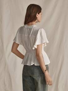 SHEIN LUNE Lace Patchwork Ruffled Hem Short Sleeve Shirt, Casual Vacation Style, Apricot White Blouse For Women - Apricot - View 5