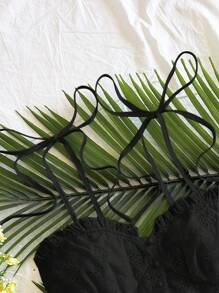 Soleia White Floral Textured Ruffle Trim Women's Camisole Tank Top For Vacation Black Eyelet Top Black Tie Strap Top Black Summer Top Black Crop Top Black Ruffled Top