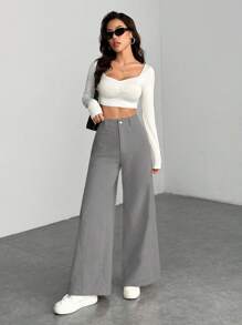 SHEIN PETITE Casual Versatile Solid Color High Waist Wide Leg Pants Business Casual Woman,Cargo Pants - Grey - View 7