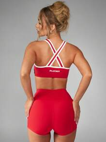 Missguided x Playboy High Impact Cross Back Sports Bra Athletic Workout Fitness Running Training Dance Gym Yoga High Support Performance Activewear Athletic Base Layer - Red and White - View 2
