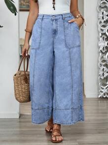 EMERY ROSE Plus Size Women Summer Loose Pockets Wide Leg Jeans Women Jeans Tall Summer Clothes Women Clothes Women Bottoms - Light Wash - View 7