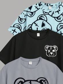 Bộ 3 áo thun tay ngắn cổ tròn in hình gấu dễ thương phong cách Hàn Quốc Nhật Bản cho bé trai, 3 màu, thích hợp cho ngày tựu trường - Nhiều màu - Xem 12