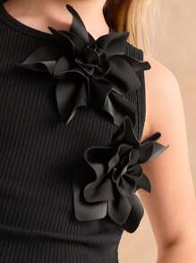 Ontre 青少年女孩休闲花卉装饰吊带背心 - 黑色 - 查看 4