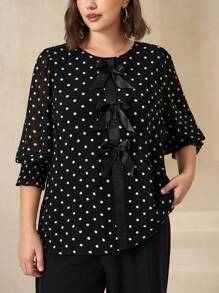 Chikora 大码女式优雅雪纺衬衫，七分袖，蝴蝶结装饰，白色圆点上衣，适合工作和通勤 - 彩色 - 查看 8