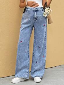 SHEIN 孕妇度假休闲樱桃刺绣牛仔裤 - 藍色 - 查看 4