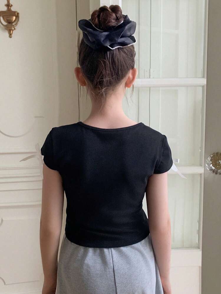 Tween Girls Lace Patchwork Bow Decor Short Sleeve T-Shirt, Summer,Back To School Clothes