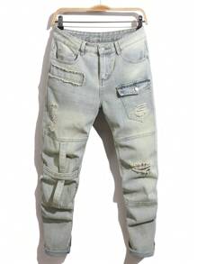 Manfinity Homme Men's Casual Washed Distressed Tapered Leg Jeans - Baby Blue - View 1