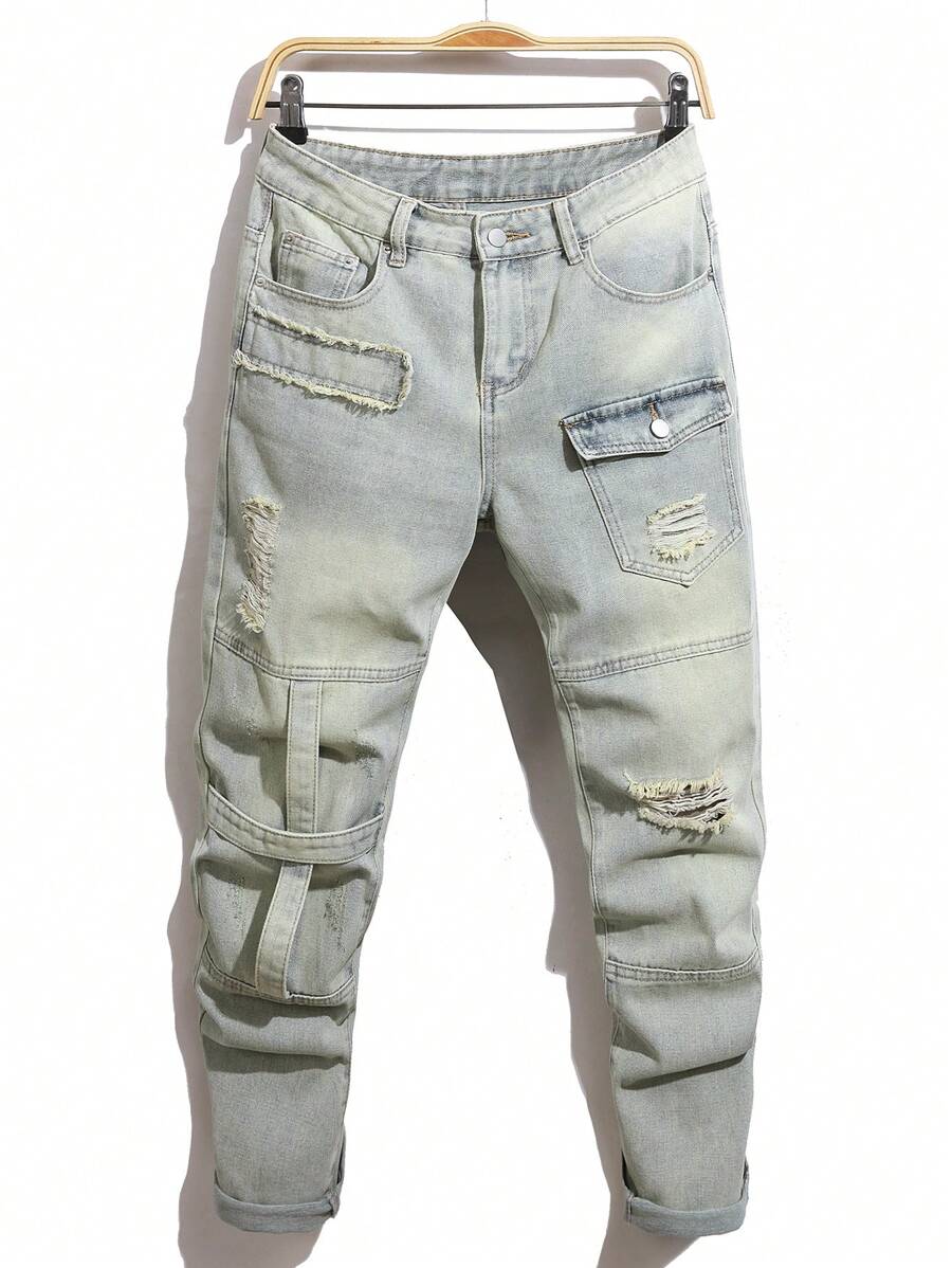 Manfinity Homme Men's Casual Washed Distressed Tapered Leg Jeans - Baby Blue - View 1