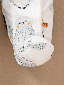 2 Piezas/set Bebé Niño Lindo Estampado De Animales Mameluco Con Pies Y Manga Larga, Ropa De Hogar