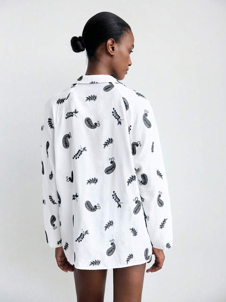 SHEIN Maija White Base Black Floral Eyelet Embroidery V-Neck Button Down Shirt For Women, Comfortable Skin-Friendly Casual Vacation Look