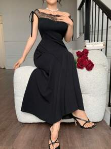 Modelyn 女士系带优雅修身连衣裙 - 黑色 - 查看 3