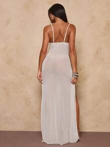 SHEIN BAE Women's White Cute Summer Beach Vacation Holiday Mesh Dress With Pentagram Rhinestone Side Slit Coverup,Elegant Diva Tulle Wraps Festival Outfits - Yellow - View 2