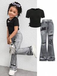 SHEIN 2pcs Young Girl Set: Solid Color Round Neck Knit T-Shirt And Slim Fit Casual Pants