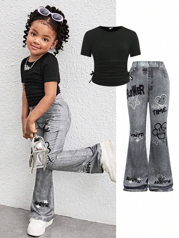 SHEIN 2 pièces Ensemble pour jeune fille : T-shirt tricoté à col rond de couleur unie et pantalon casual slim fit