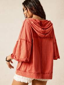 Easelle Áo thun hoodie cỡ lớn màu đỏ, viền tua rua, thường ngày dành cho nữ, mùa xuân/hè - Đỏ - Xem 3