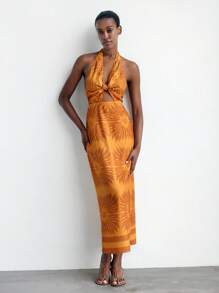 Maija Đầm hở lưng in họa tiết xoắn màu cam cho nữ phong cách Boho Beach Western Holiday Casual Allover Backless Dress Trang phục nghỉ mát cho phụ nữ Hawaii Outfits Women - trái cam - Xem 3
