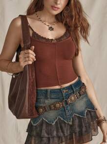 Wildy Camicia marrone stile country americano estiva, con scollo a V e inserti in pizzo, con cinturini regolabili