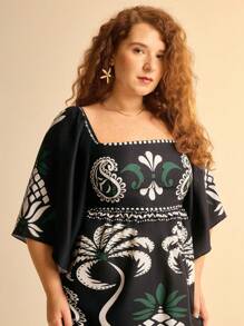 CAJUNI Vestido corto de manga de murciélago y cuello cuadrado con estampado floral de árboles de coco y piñas negras para mujer de talla grande, de uso casual en la playa y vacaciones - Multicolor - Ver 3