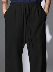 SUMWON 宽腿抽绳裤宽松休闲阔腿裤休闲裤度假服高舒适时尚长裤 - 黑色 - 查看 6