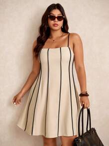 Elaquor 大码拼色装饰吊带裙 - 杏色 - 查看 4