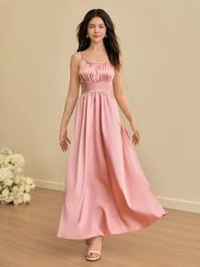 SHEIN 青少年无袖圆领收腰 A 字裙，婚礼花童/伴娘派对礼服 - 粉色 - 查看 4