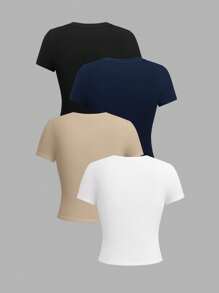EMERY ROSE 4-Pack Women Solid Color Short Sleeve Crew Neck Tight Fit Undershirt - Multicolor - View 2