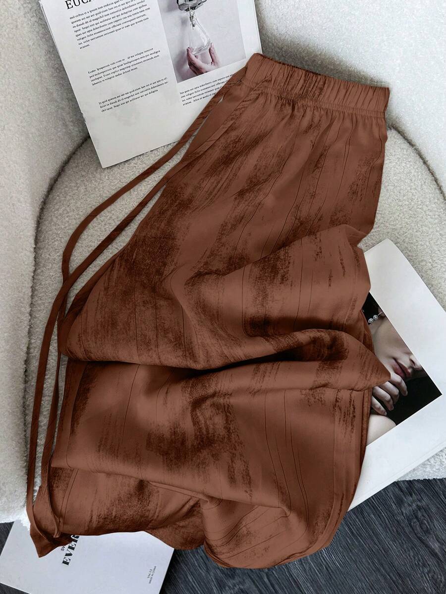 SHEIN LUNE Ink Painting Satin Drawstring Waist Wide Leg Pants Fall Cloth For Women - Coffee Brown - View 1