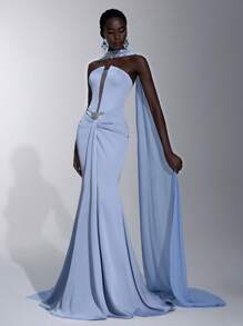 Elitara Elegant Light Blue Handmade Diamond Avant-Garde Special-Shaped Strapless Fold Pleated Decoration Super Long Floating Piece Fishtail Tail Suitable For Dating Party Cocktail Party Wedding Graduation Ceremony Formal Occasion Dinner Dress, Gown, For Evening, Wedding Guest - Baby Blue - View 5