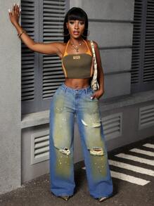 Slaydiva 女式撞色破口袋阔腿休闲牛仔裤