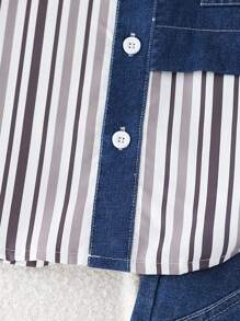 SHEIN 2 件套年轻男孩条纹印花长袖衬衫和裤子，时尚夏季服装 - 藍色 - 查看 6