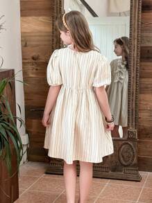 LMoss Kids LMoss Tween Girls Woven Striped Round Neck Puff Sleeve Fitted Casual Dress - Multicolor - View 2