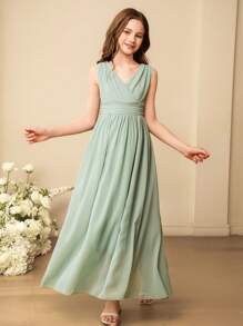 SHEIN Vestido formal largo de gasa verde sólido con cuello en V, sin mangas y cintura alta, adecuado para ceremonias de graduación, para niñas - Verde - Ver 5