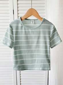 SHEIN 青少年女孩休闲混搭 Nova 条纹针织圆领短袖衬衫 - 薄荷綠 - 查看 3