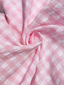 SHEIN LUNE 女士休闲格子泡泡袖撞色蝴蝶结衬衫春夏基本款日常上衣夏季机场暑假女沙滩外出上衣可爱夏季上衣节日 - 粉色 - 查看 7