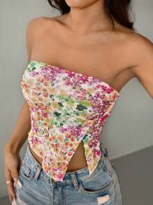 SHEIN PETITE Floral Print Pleated Asymmetric Hem Mesh Pink Tube Top Summer Top - Multicolor - View 6