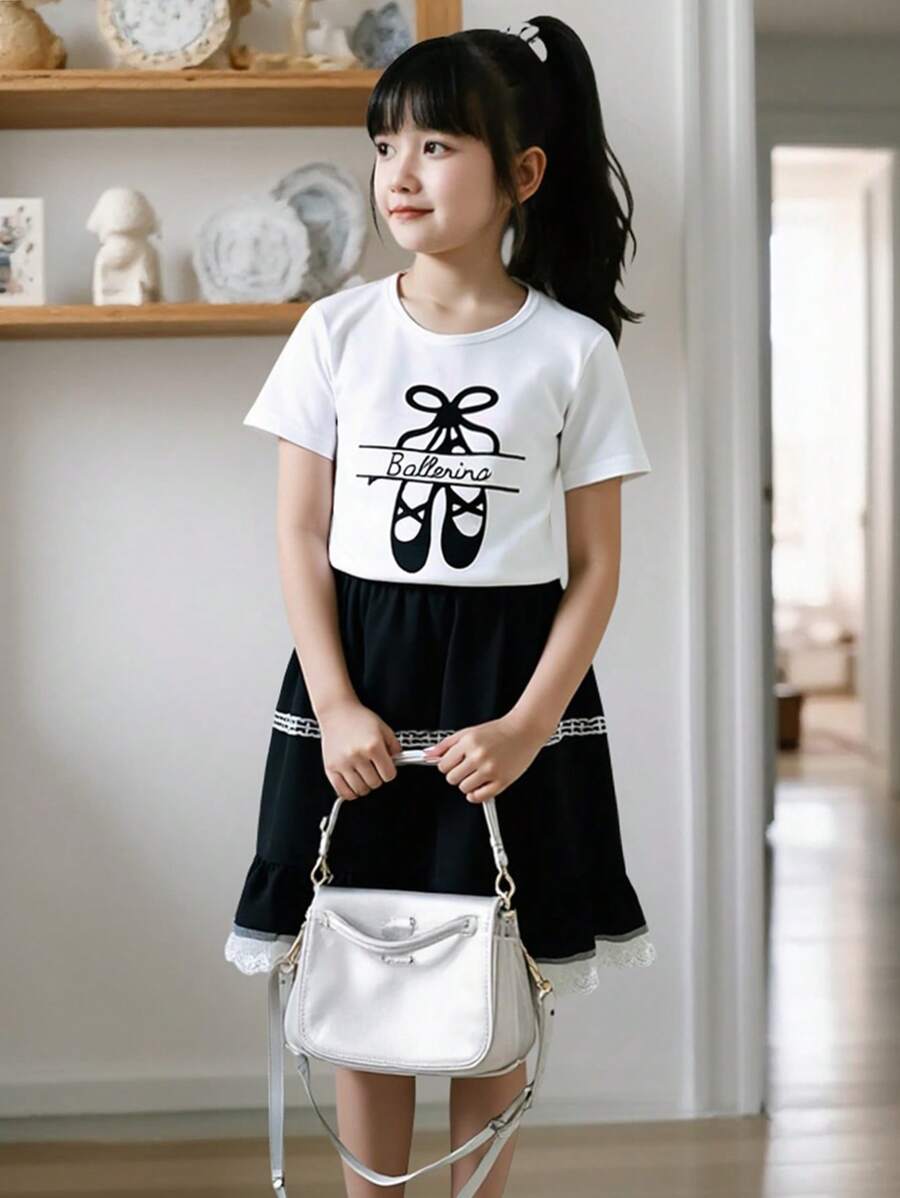 Tween Girls Casual Sweet Round Neck Short Sleeve Letter Print Cropped T-Shirt And High Waist A-Line Lace Trim Skirt Set, Summer