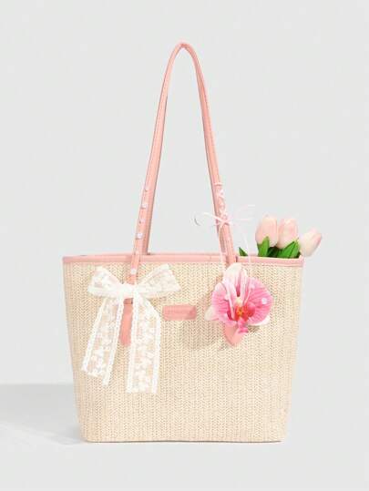 ROMWE Fairycore 1pc Cute&Sweet Vacation Style Pink Orchid Flower, Bow Ribbon Straw Beach Tote Bag, Suitable For Vacation Outfit, Cute Bow Bag For Women