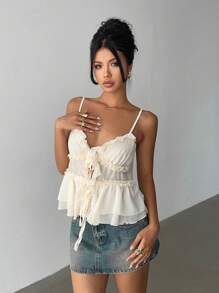 Aloruh 女士夏季纯色荷叶边吊带背心 - 杏色 - 查看 8