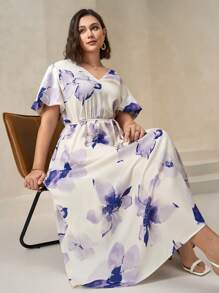 Chikora Plus Size Women's V-Neck White Summer Elegant Flowy Puff Sleeve Dress,Tea Party Cocktail Fairycore Modest Formal Gowns Evening Concert Outfits - Multicolor - View 1
