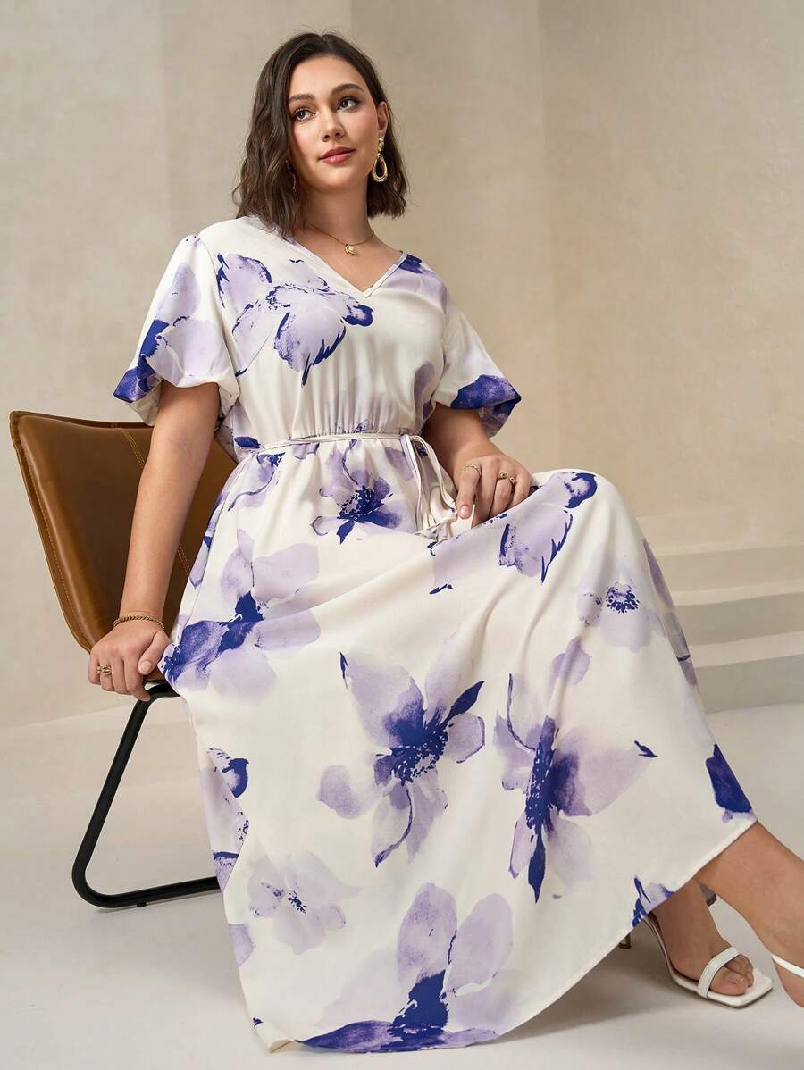 Chikora Plus Size Women's V-Neck White Summer Elegant Flowy Puff Sleeve Dress,Tea Party Cocktail Fairycore Modest Formal Gowns Evening Concert Outfits - Multicolor - View 1